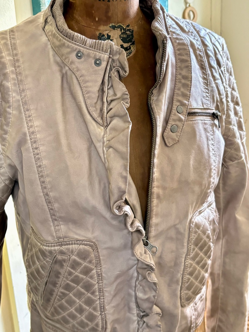 Vintage Anthropologie elevenses Taupe Ruffled Front Quilted Leather Biker Jacket